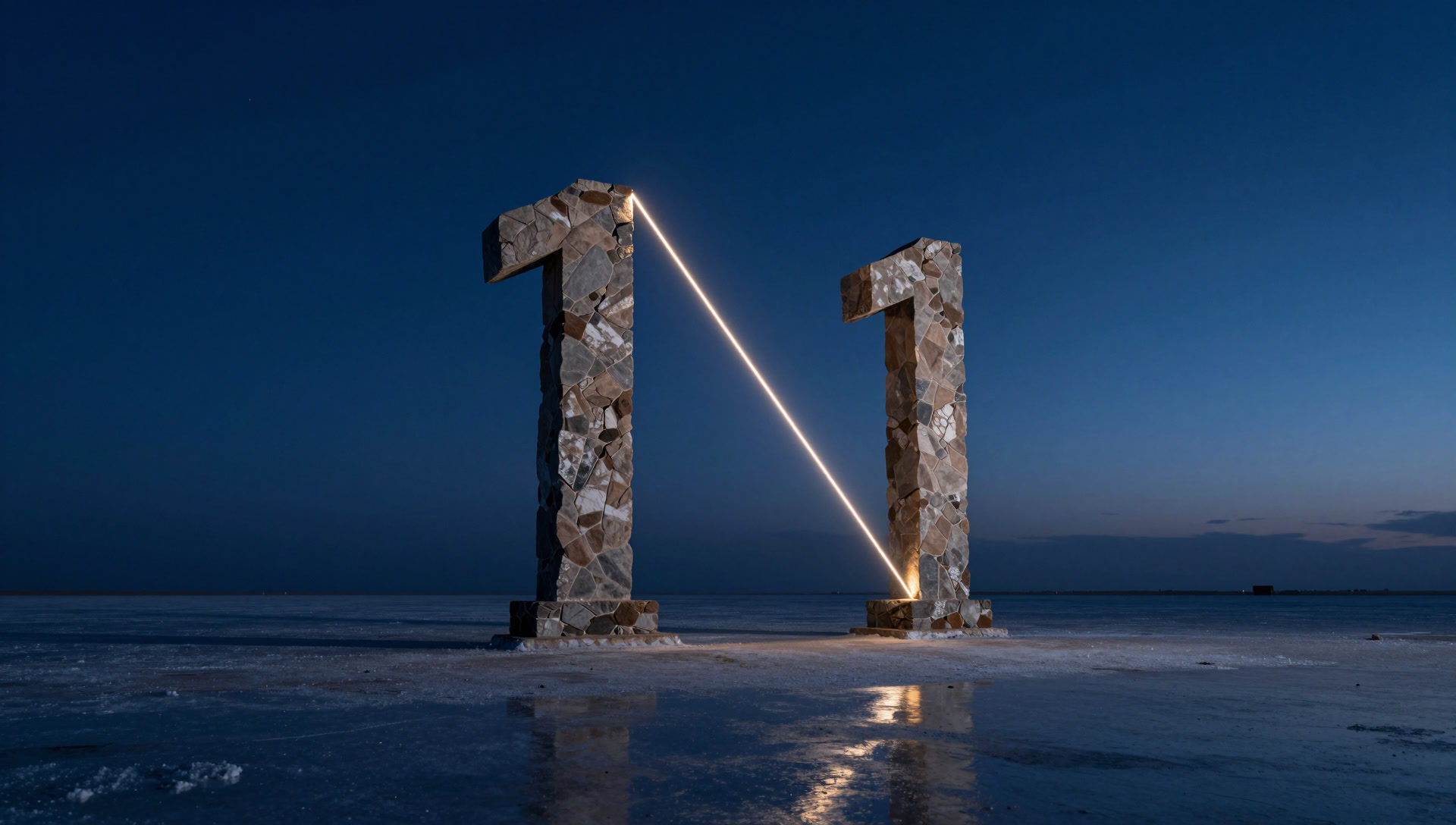 Two stone pillars shaped like the number 1, joined by a single line of light